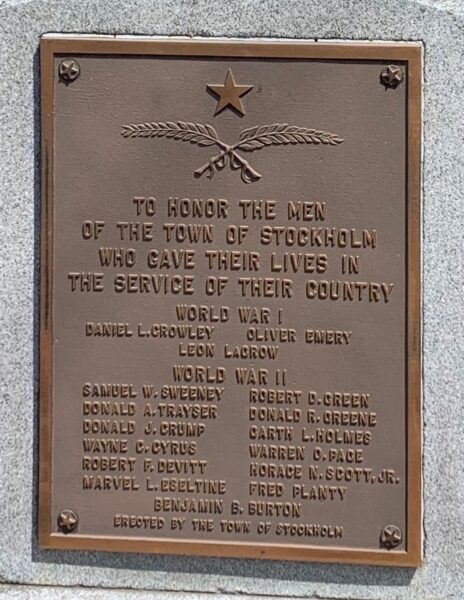 TOWN OF STOCKHOLM WAR VETERANS MEMORIAL PLAQUE