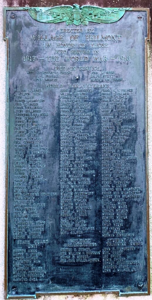 VILLAGE OF PHILMONT WORLD WAR MEMORIAL PLAQUE