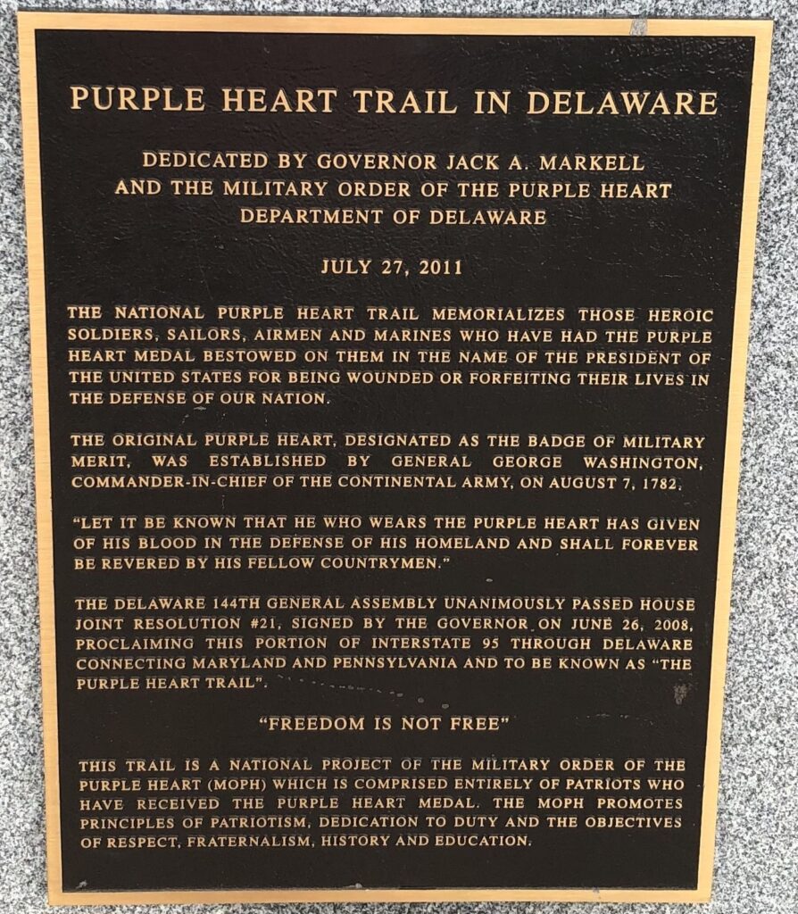 PURPLE HEART TRAIL IN DELAWARE WAR MEMORIAL PLAQUE