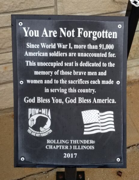 ROLLING THUNDER CHAPTER 3 ILLINOIS YOU ARE NOT FORGOTTEN MEMORIAL CHAIR PLAQUE