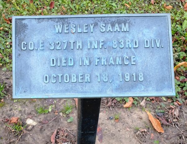 WESLEY SAAM WAR MEMORIAL TREE PLAQUE