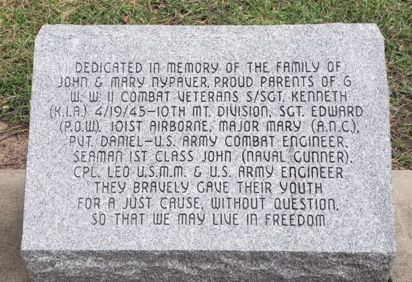 THE FAMILY OF JOHN & MARY NYPAVER WAR VETERANS MEMORIAL