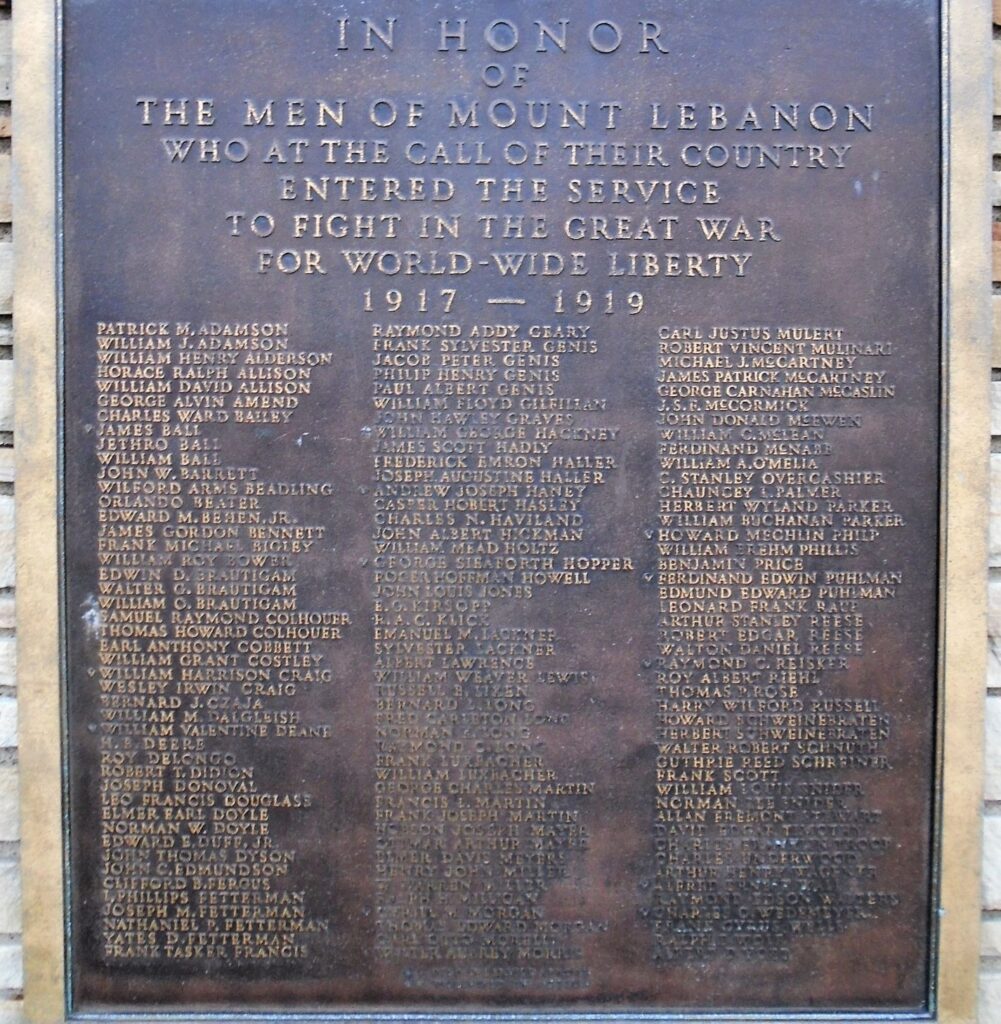MOUNT LEBANON GREAT WAR MEMORIAL PLAQUE