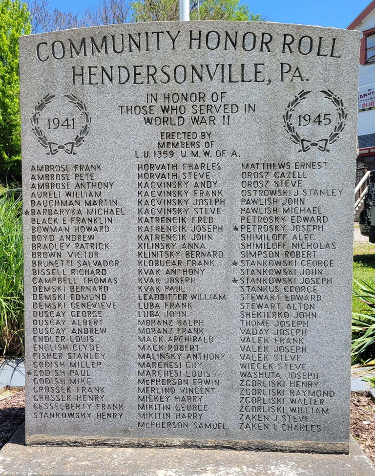 HENDERSONVILLE,K PA. COMMUNITY HONOR ROLL WAR MEMORIAL