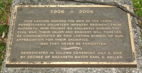 153RD PENNSYLVANIA VOLUNTEER INFANTRY REGIMENT MEMORIAL CANNO PLAQUE A