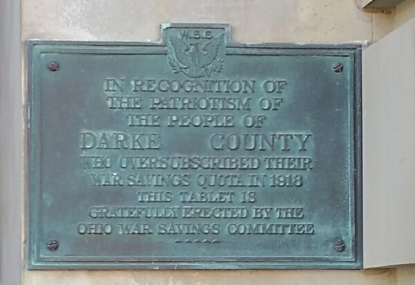 DARKE COUNTY WAR SAVINGS QUOTA WAR MEMORIAL PLAQUE