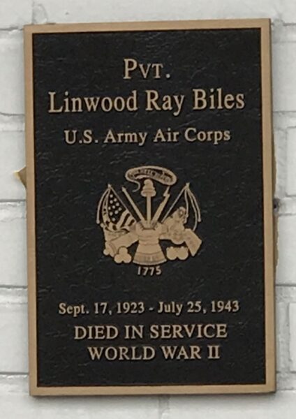 PVT. LINWOOD RAY BILES WAR MEMORIAL PLAQUE