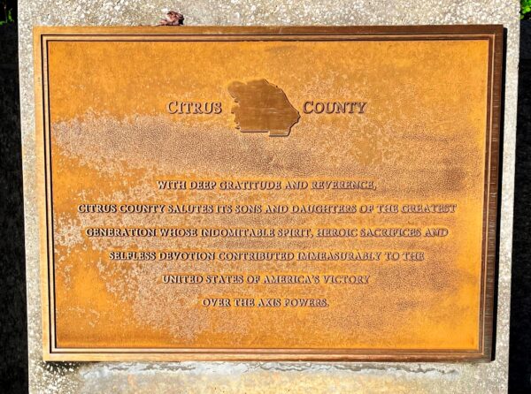 CITRUS COUNTY FLORIDA WORLD WAR II MEMORIAL PLAQUE