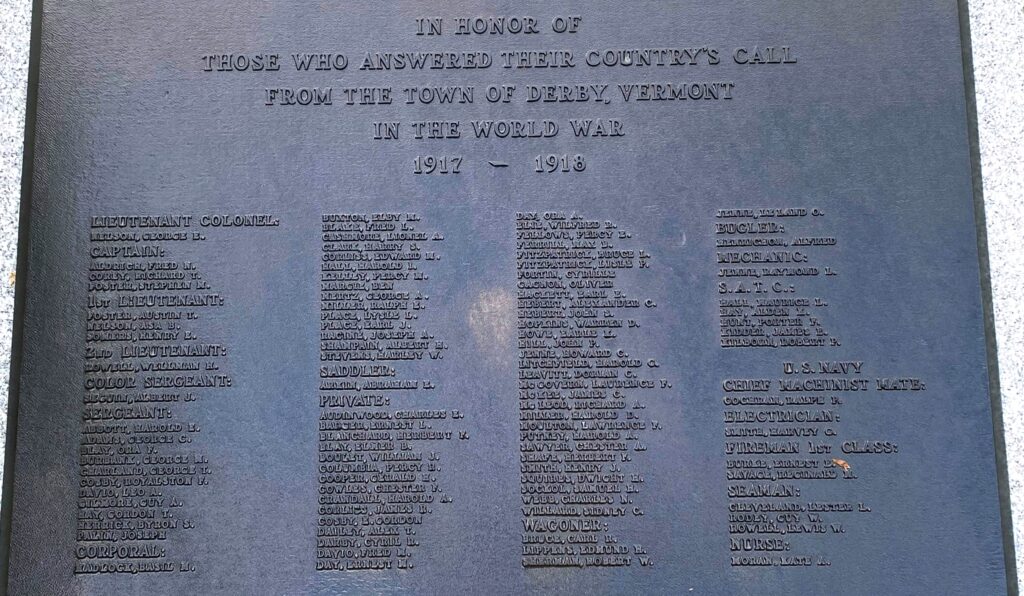 TOWN OF DERBY, VERMONT WORLD WAR MEMORIAL PLAQUE