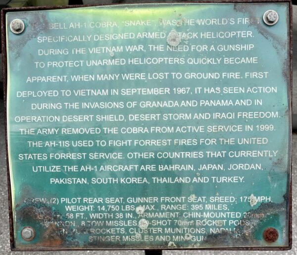 THE BELL AH-1 COBRA WAR MEMORIAL PLAQUE