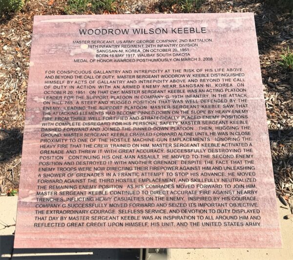 WOODROW WILSON KEEBLE MEDAL OF HONOR WAR MEMORIAL PLAQUE