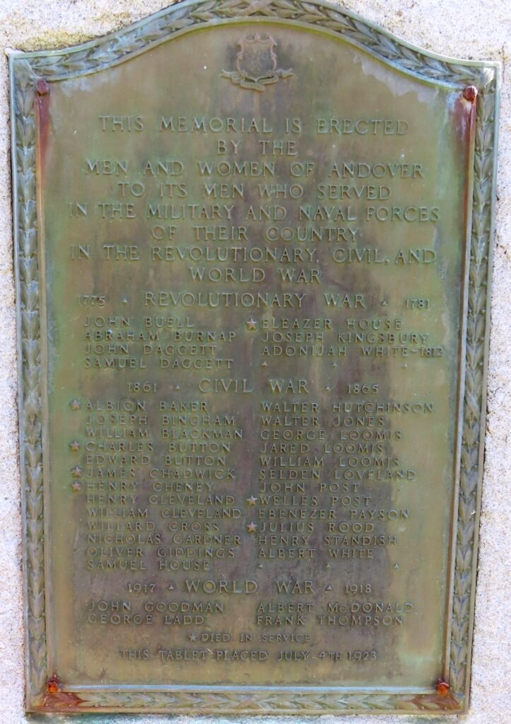 ANDOVER WAR VETERANS MEMORIAL PLAQUE