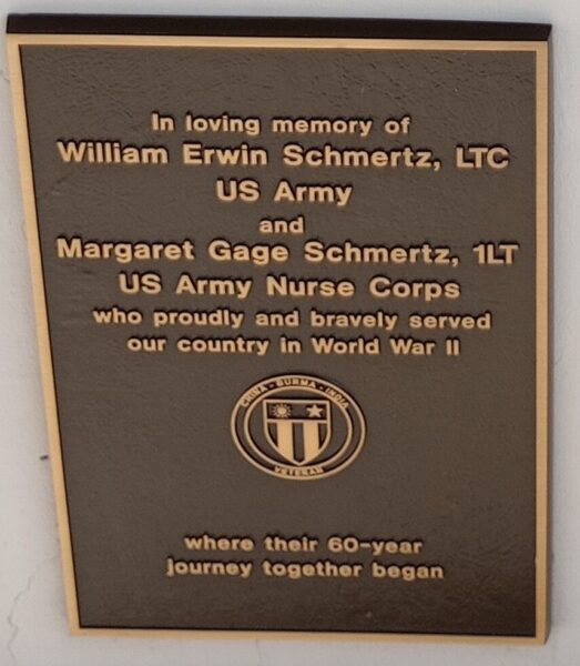 WILLIAM ERWIN SCHMERTZ, AND MARGARET GAGE SCHMERTZ WAR MEMORIAL PLAQUE