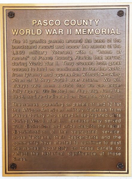 PASCO COUNTY WORLD WAR II MEMORIAL PLAQUE
