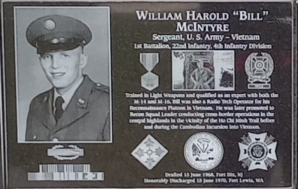WILLIAM HAROLD “BILL” MCINTYRE WAR MEMORIAL PLAQUE
