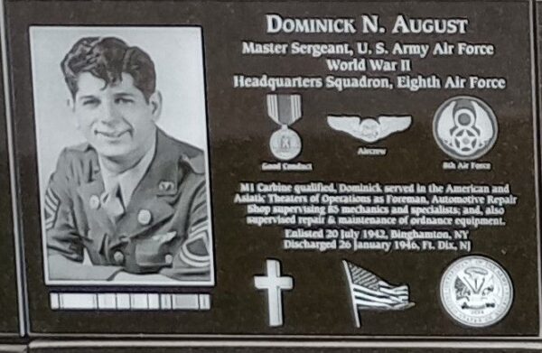 DOMINICK N. AUGUST WAR MEMORIAL PLAQUE