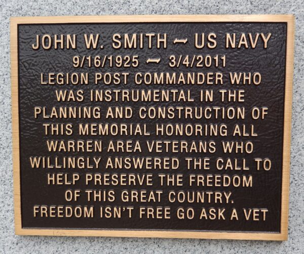 CITIZENS OF WARREN VETERANS MEMORIAL BELL PLAQUE B
