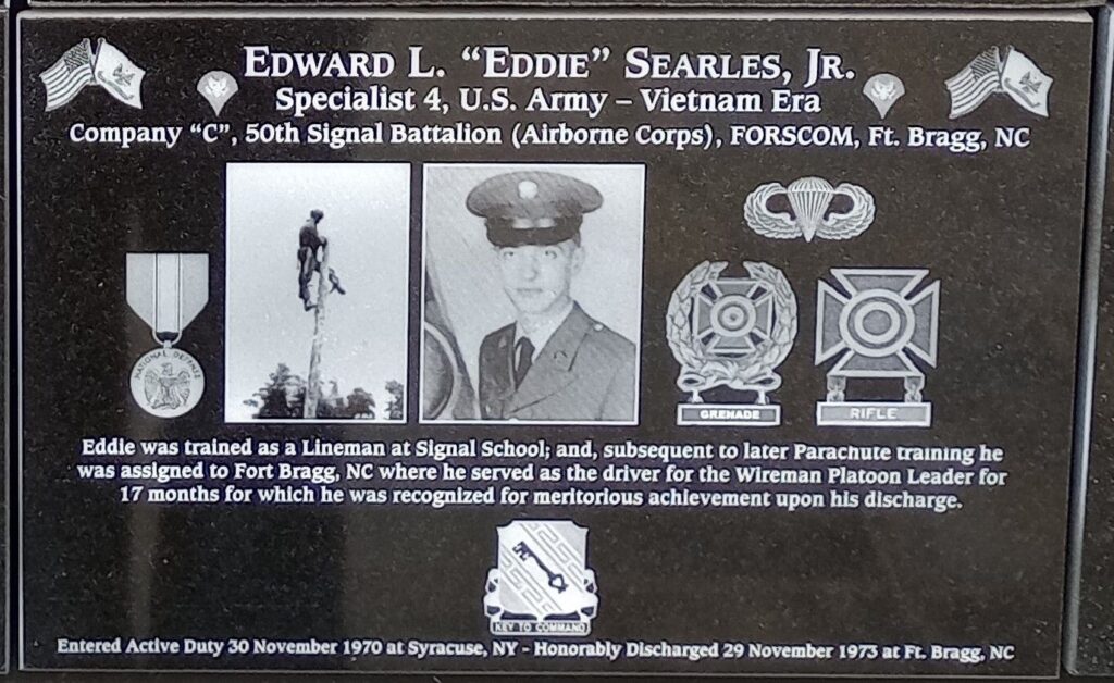 EDWARD L. “EDDIE” SEARLES, JR. WAR MEMORIAL PLAQUE