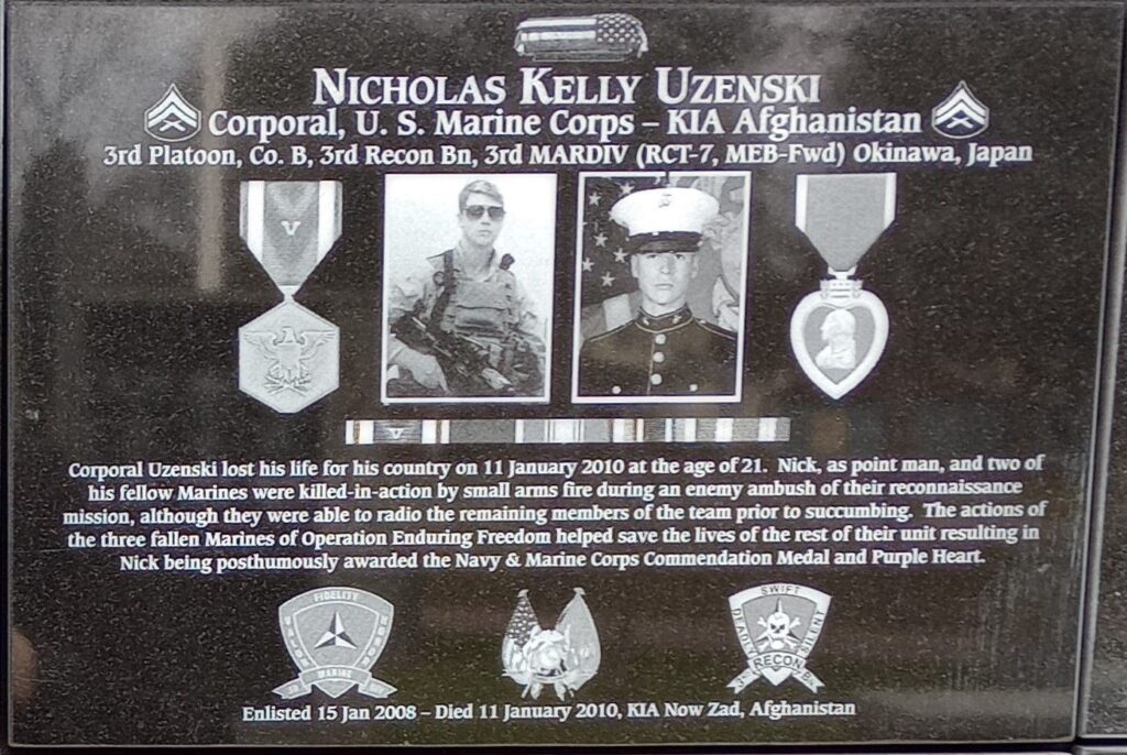 NICHOLAS KELLY UZENSKI WAR MEMORIAL PLAQUE