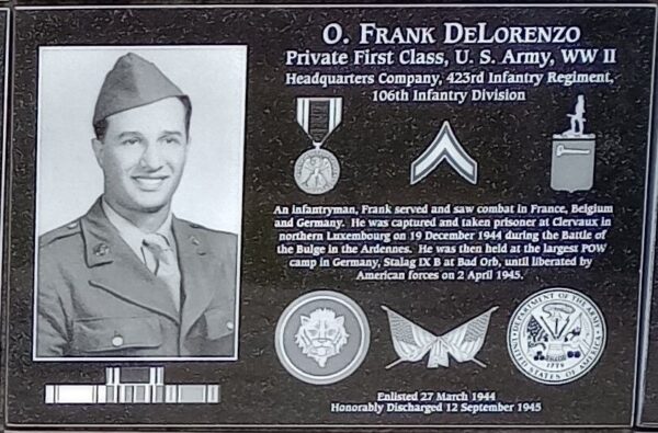 O. FRANK DELORENZO WAR MEMORIAL PLAQUE
