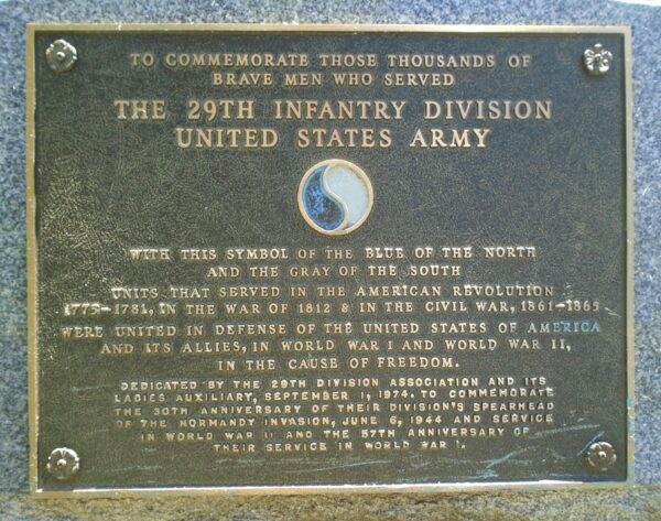 THE 29TH INFANTRY DIVISION VALLEY FORGE WAR MEMORIAL PLAQUE