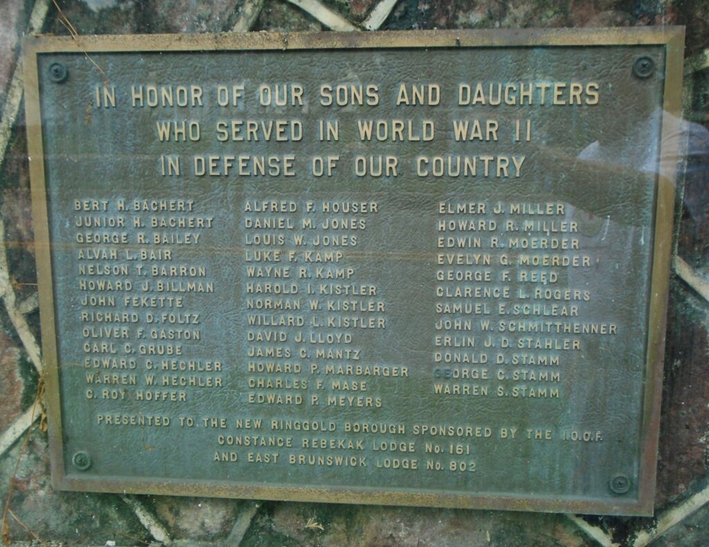 NEW RINGGOLD HONOR ROLL WORLD WAR II MEMORIAL PLAQUE
