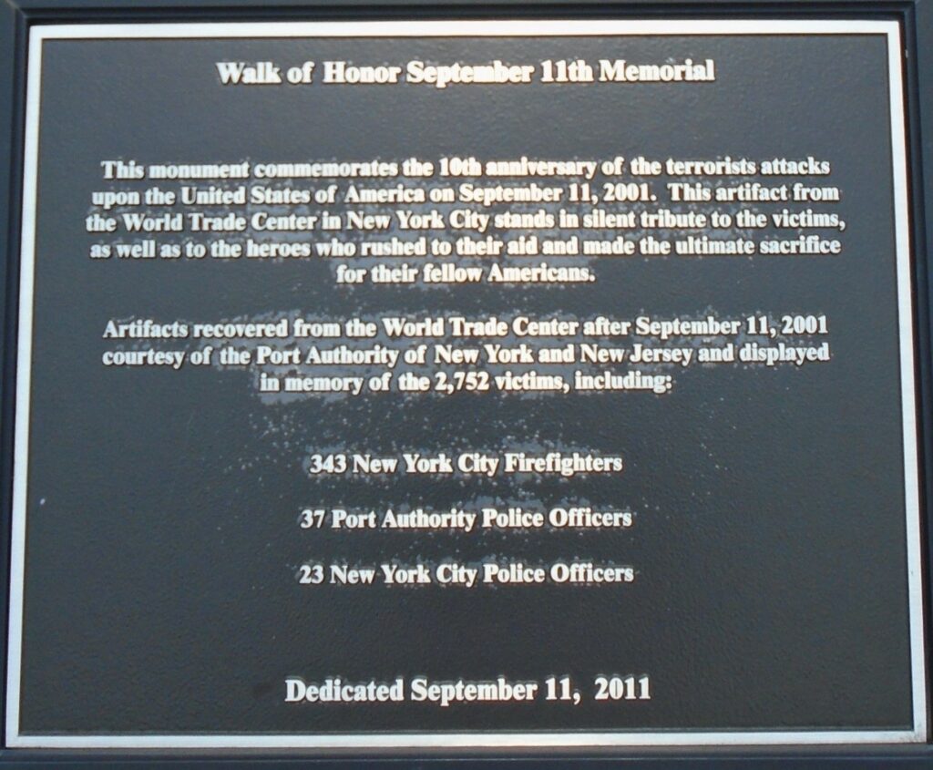 WALK OF HONOR SEPTEMBER 11TH MEMORIAL PLAQUE