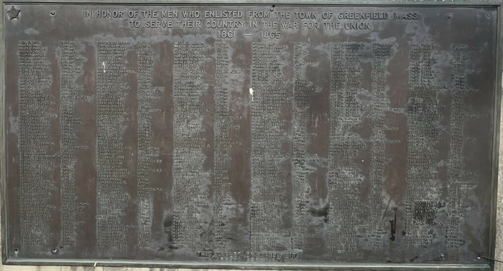 TOWN OF GREENFIELD, MASS. WAR FOR THE UNION MEMORIAL PLAQUE
