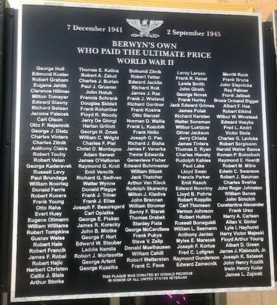 BERWYN WAR VETERANS MEMORIAL PLAQUE A