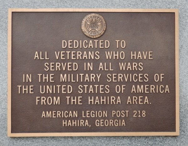 HAHIRA AREA ALL WARS VETERANS MEMORIAL PLAQUE