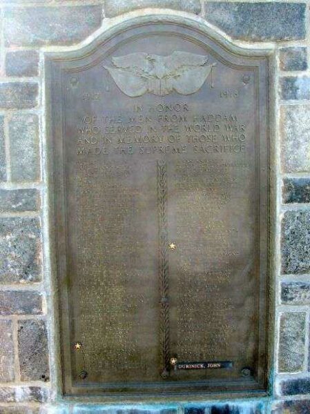 HADDAM VETERANS WAR MEMORIAL WORLD WAR I PLAQUE