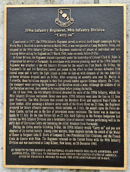 359TH INFANTRY REGIMENT, 90TH INFANTRY DIVISION WAR MEMORIAL PLAQUE