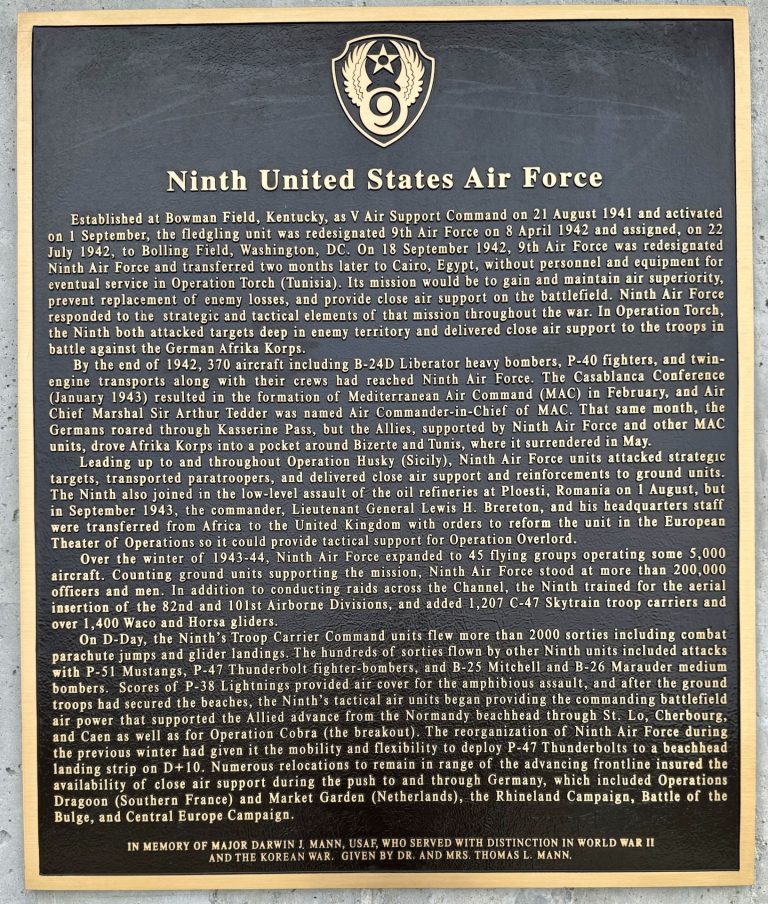 NINTH UNITED STATES AIR FORCE WAR MEMORIAL PLAQUE