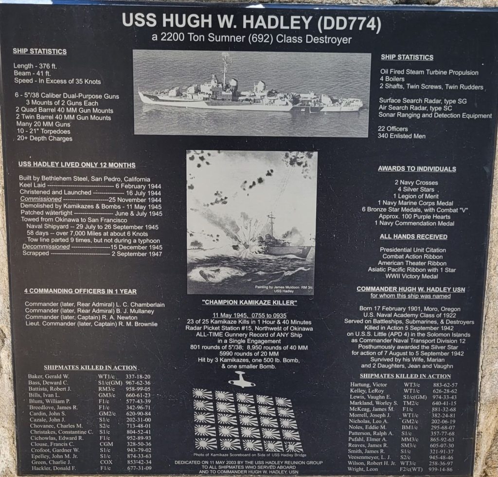 USS HUGH W. HANDLEY (DD774) WAR MEMORIAL PLAQUE