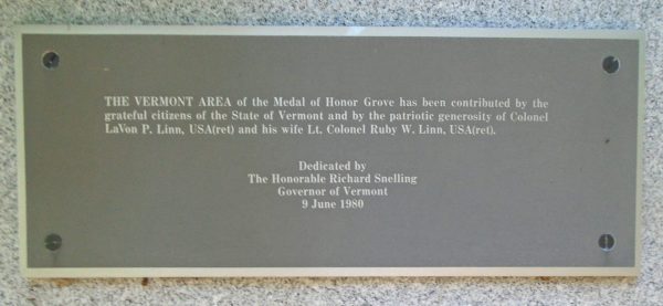 VERMONT MEDAL OF HONOR WAR MEMORIAL GROVE PLAQUE