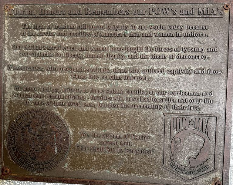 FLORIDA HONORS AND REMEMBERS OUR POW’S AND MIA’S MEMORIAL PLAQUE TERRA CEIA