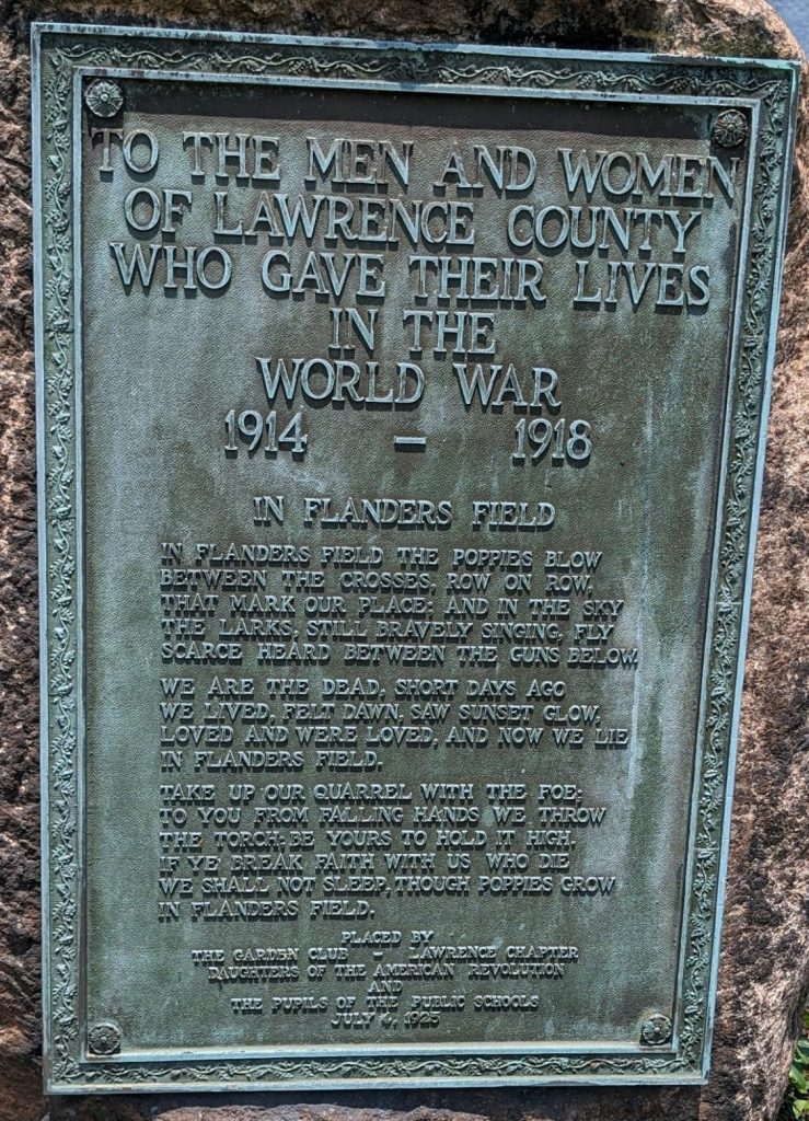 LAWRENCE COUNTY WORLD WAR MEMORIAL PLAQUE