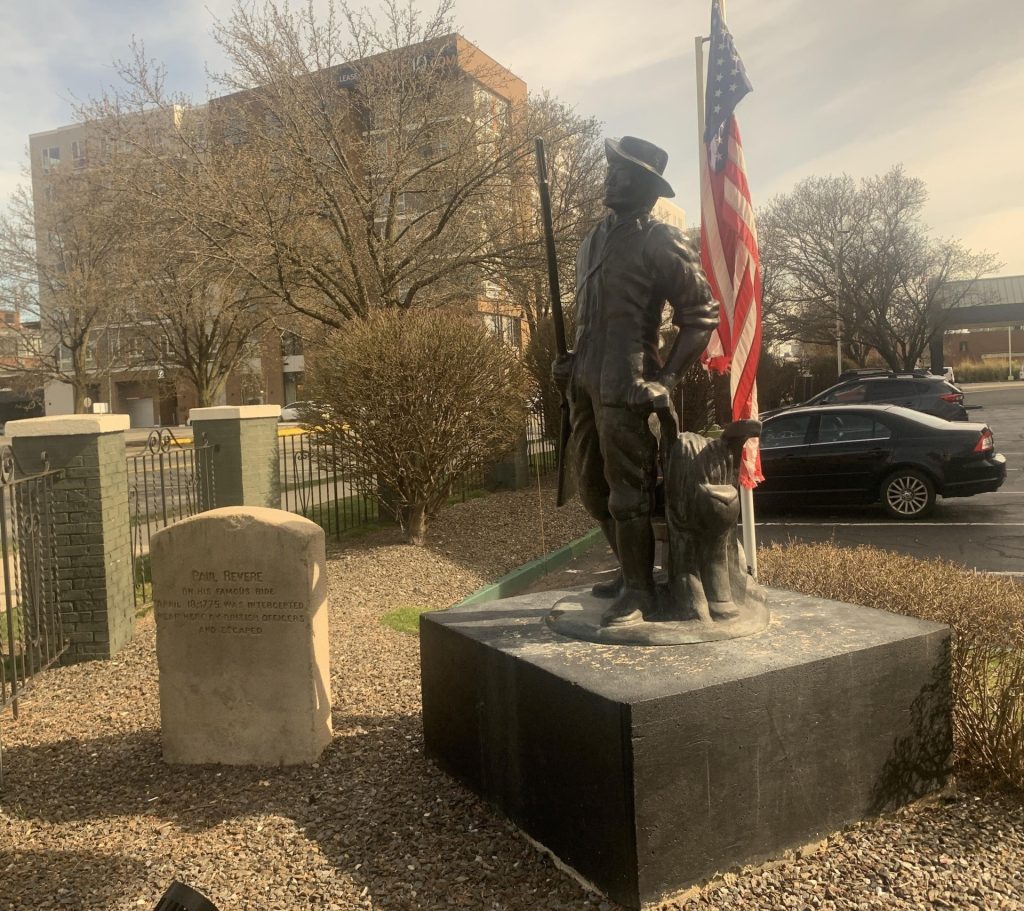 PAUL REVERE INTERCEPTED HERE BY BRITISH MEMORIAL STATUE