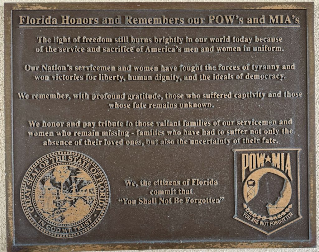 FLORIDA HONORS AND REMEMBERS OUR POW’S AND MIA’S MEMORIAL PLAQUE RUSKIN