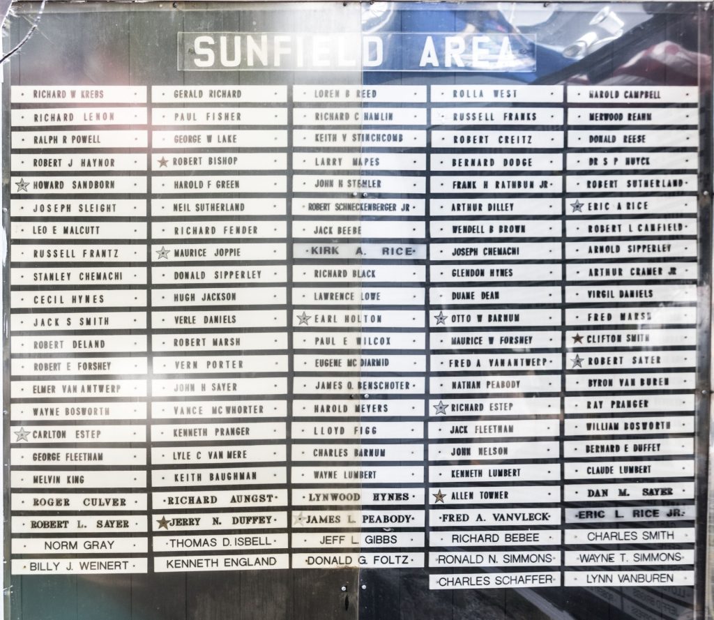 SUNFIELD AREA HONOR ROLL VETERANS MEMORIAL SIDE A
