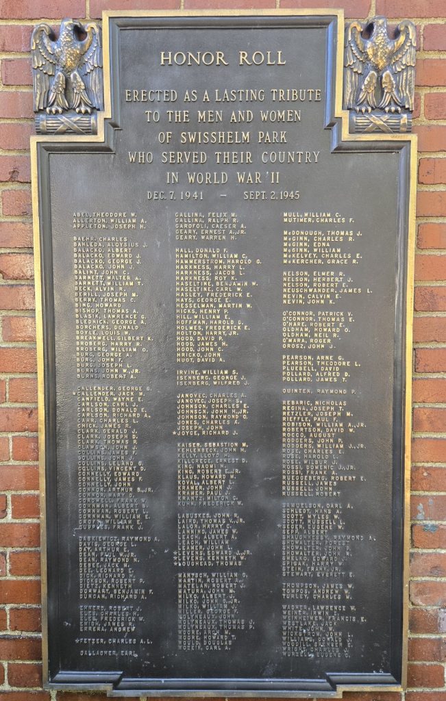 SWISSHELM PARK HONOR ROLL WORLD WAR II MEMORIAL PLAQUE