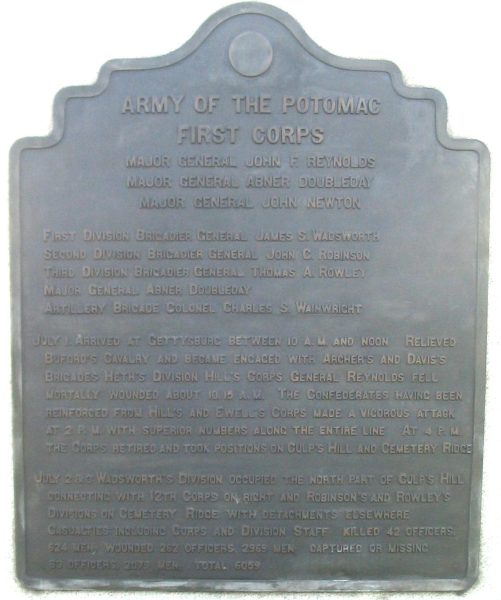 ARMY OF THE POTOMAC FIRST CORPS WAR MEMORIAL PLAQUE