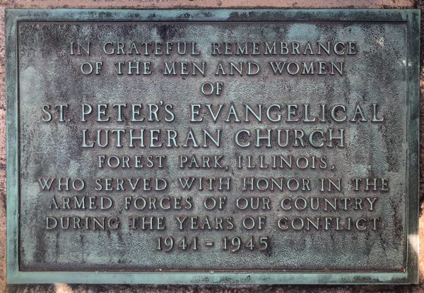 ST. PETER’S EVANGELICAL LUTHERAN CHURCH WORLD WAR II MEMORIAL PLAQUE